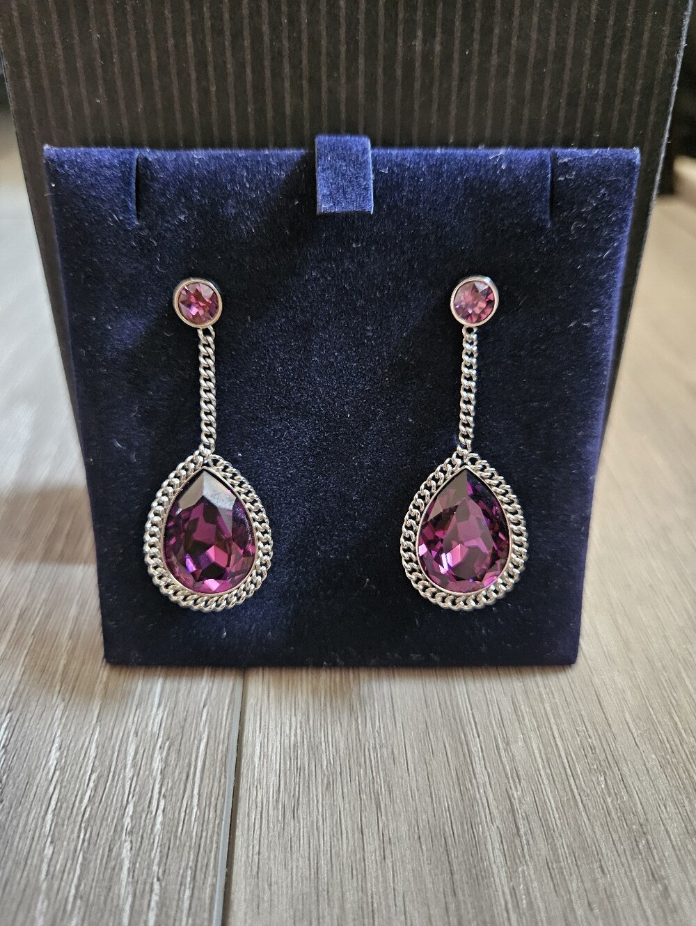 Purple Teardrop Dangle Earrings - Silver Accents